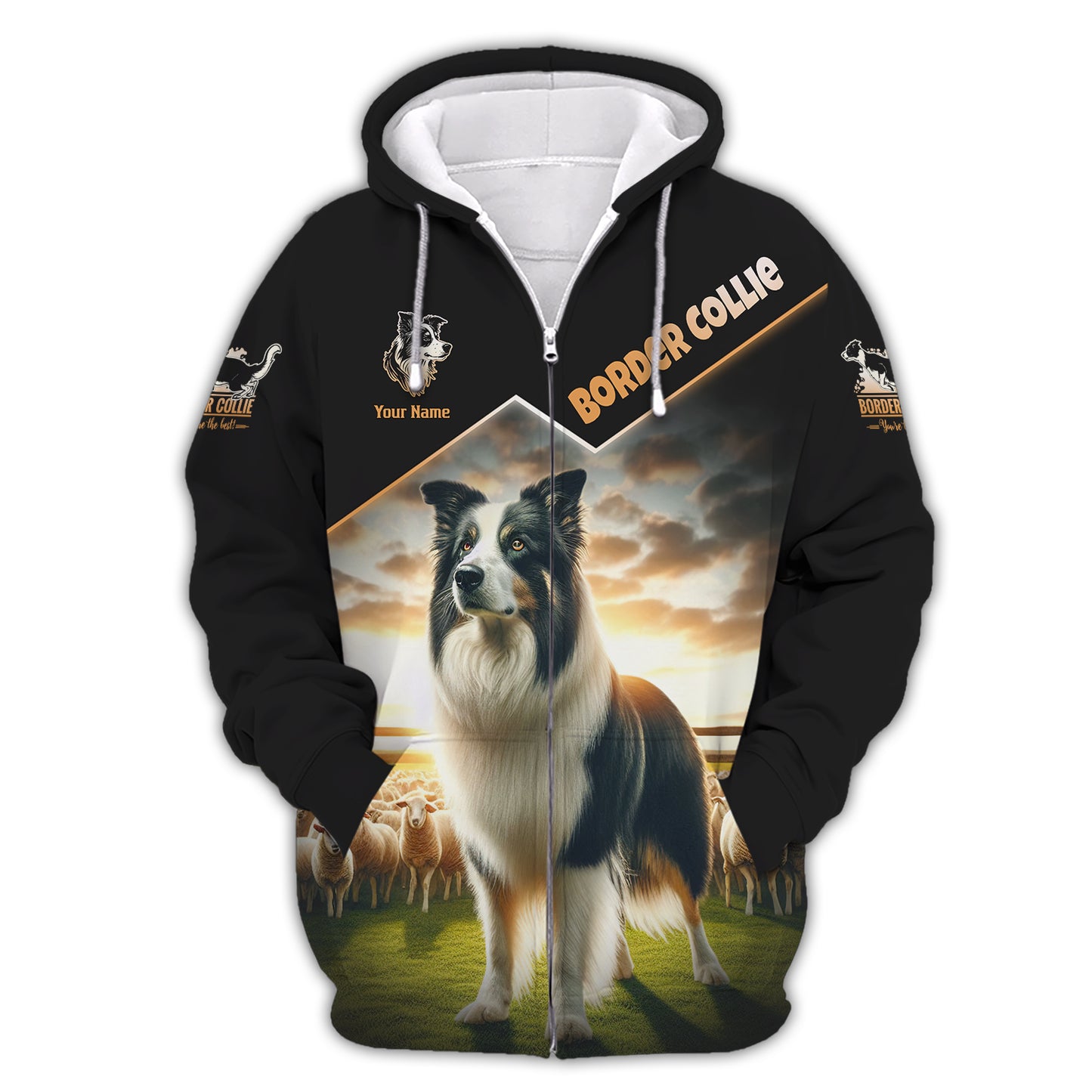 T-shirts 3D Full Print Border Collie On Sheep Farm Cadeau personnalisé avec nom pour les amoureux des chiens