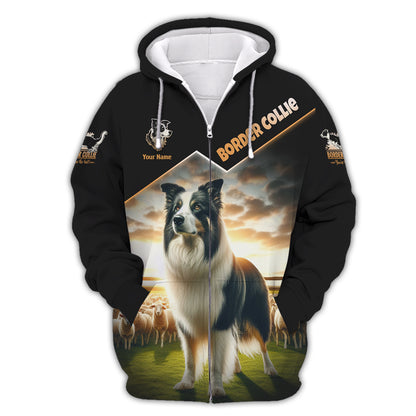 3D Full Print Border Collie On Sheep Farm T-Shirts Personalized Name Gift For Dog Lovers