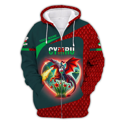 Cymru Pride Custom 3D Shirt  Fiery Welsh Dragon and Knight Personalized Name Gif For Welsh Lovers