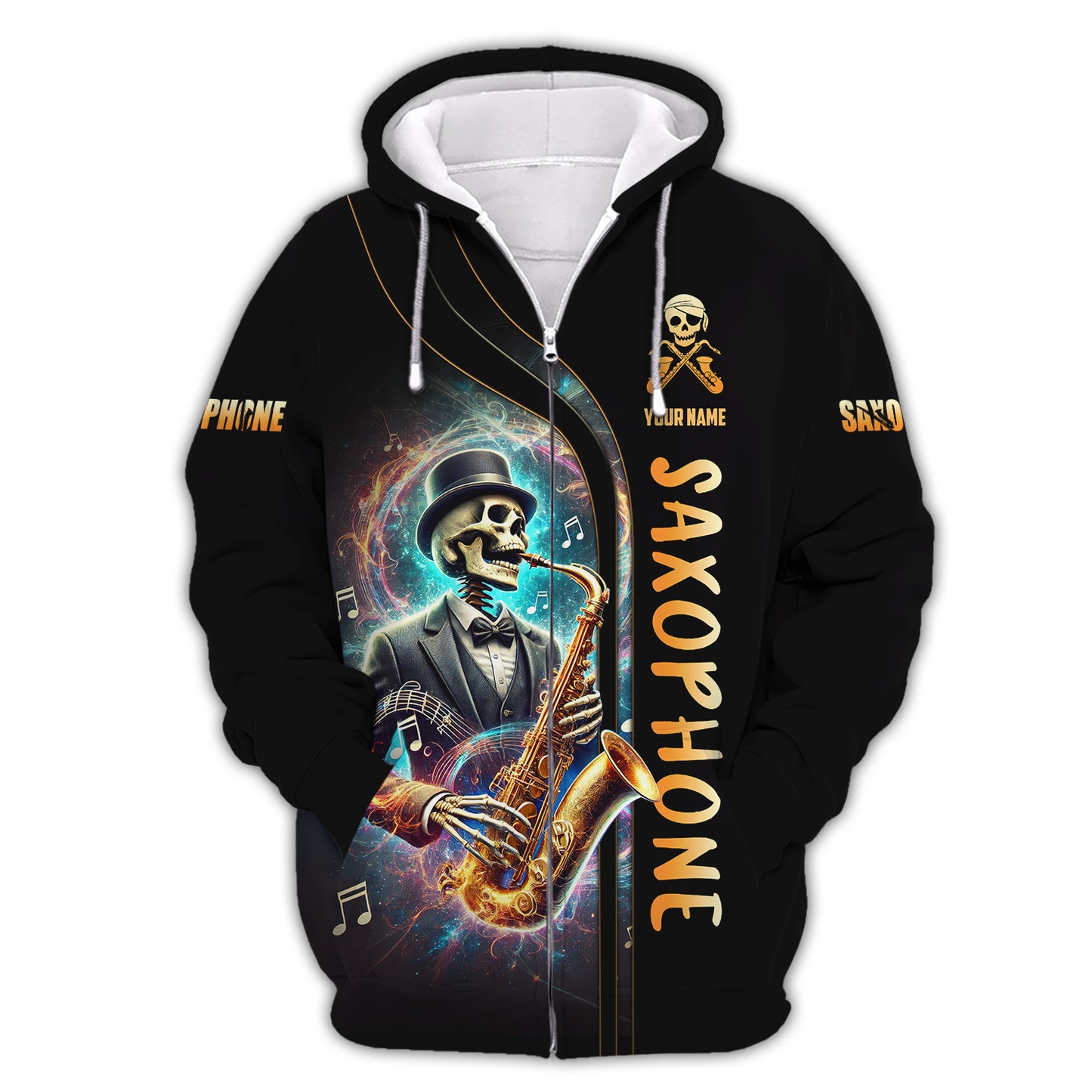 T-shirts personnalisés d'artiste squelette jouant du saxophone T-shirt 3D Saxophone Cadeau pour les amateurs de saxophone