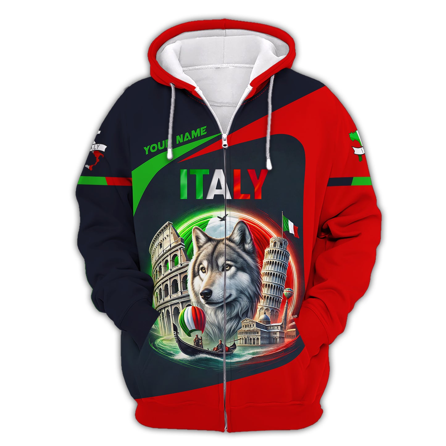 Camisetas personalizadas de Italia El lobo y los símbolos famosos de Italia Camisetas 3D Regalo para amantes de Italia