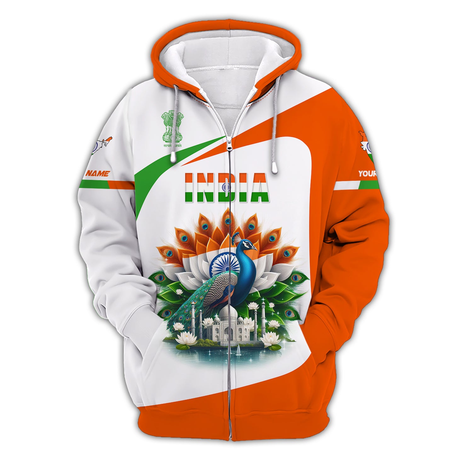 Camiseta con estampado 3D de pavo real con colores de la India, nombre personalizado, regalo para amantes de la India