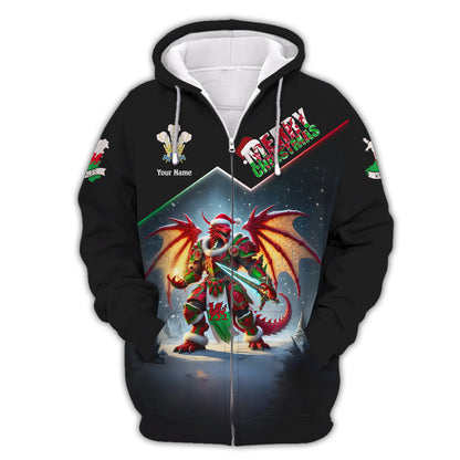 Welsh Dragon Christmas Armor 3D Shirt Personalized Name Gif For Welsh Lovers