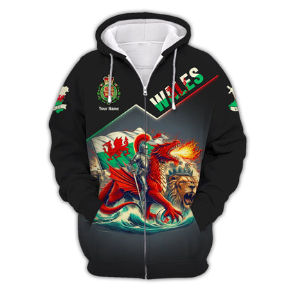 T-shirt 3D Full Print Proud Wales Cadeau personnalisé avec nom pour les amoureux du Pays de Galles