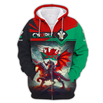 Chevalier avec dragon Pays de Galles Nom personnalisé T-shirt 3D Cadeau personnalisé pour les amoureux de CYMRU