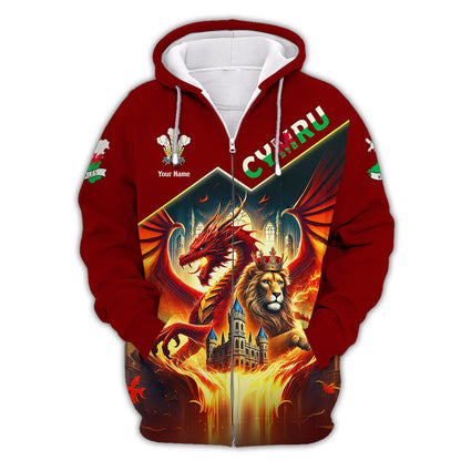 3D Full Print Dragon With Lion King Of Wales Shirt Personalized Name Gif For Welsh Lovers