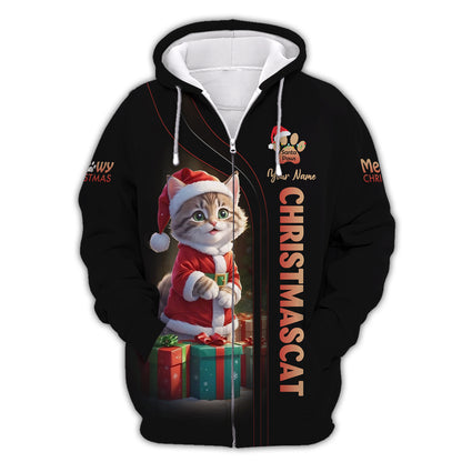 Christmas Cat Custom Name T-Shirts Cat Santa With Gifts Box 3D Shirt Gift For Cat Lovers