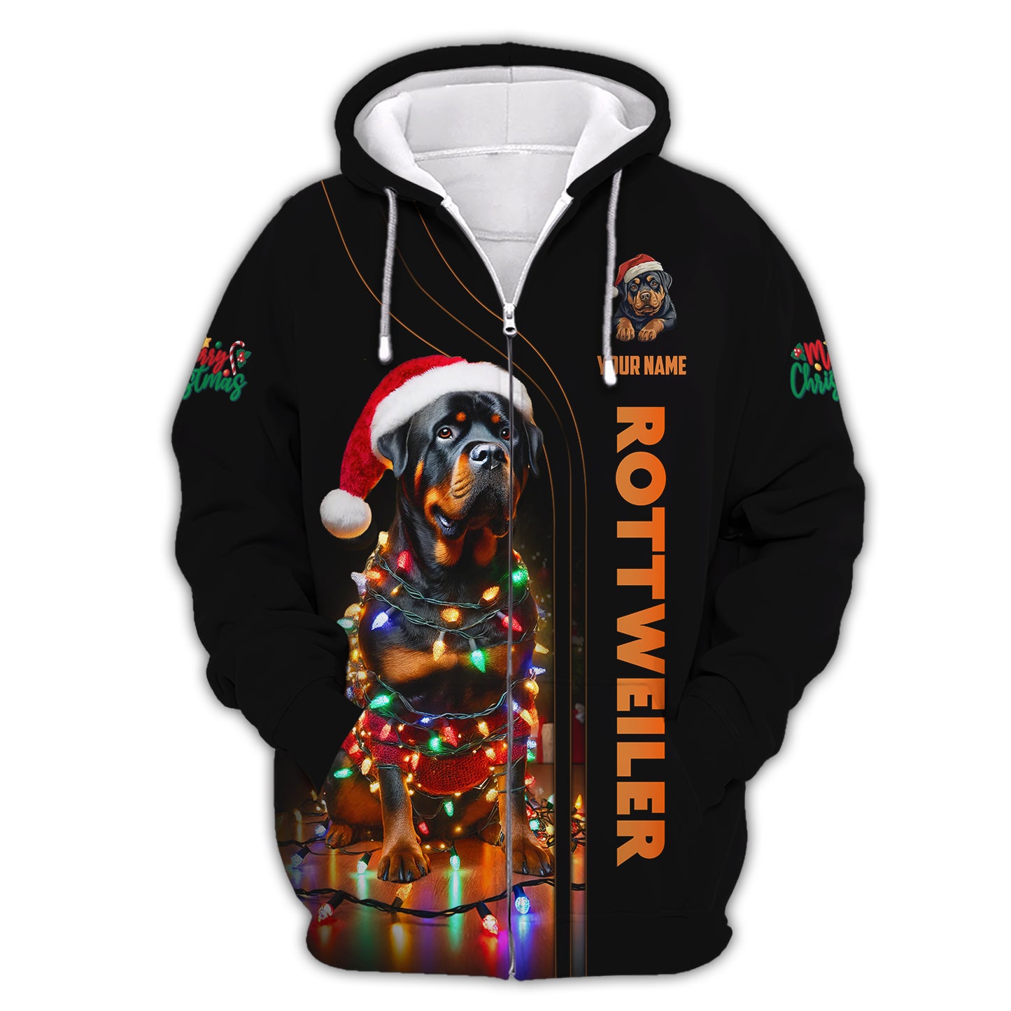 Mery Christmas Custom Name 3D T-Shirts Rottweiler With Christmas Lights Shirt