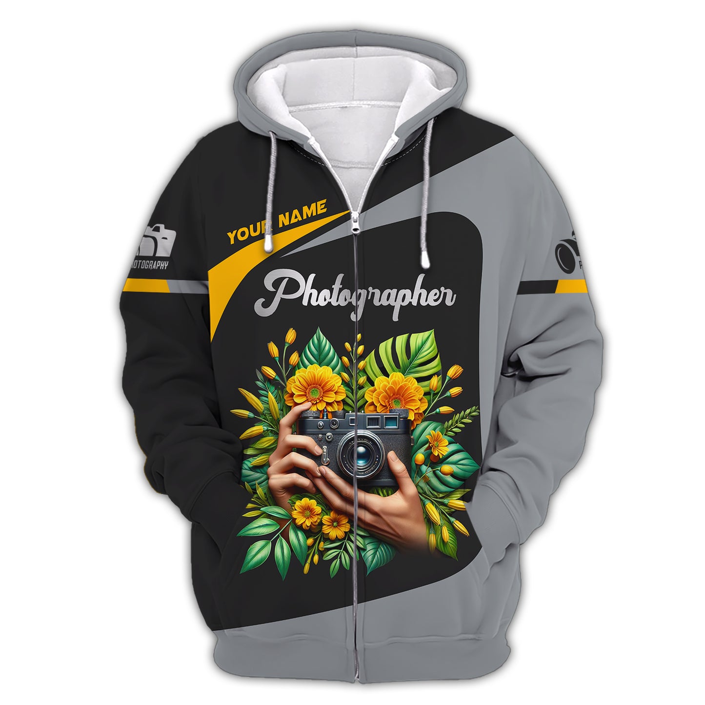 Camisetas con nombre personalizado para fotógrafos, cámara con flores amarillas, regalo de camiseta 3D para amantes de la fotografía