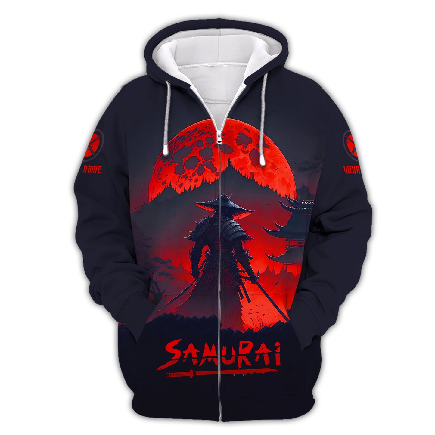 T-shirt samouraï entièrement imprimé en 3D sous le clair de lune rouge, cadeau personnalisé pour les amoureux des samouraïs