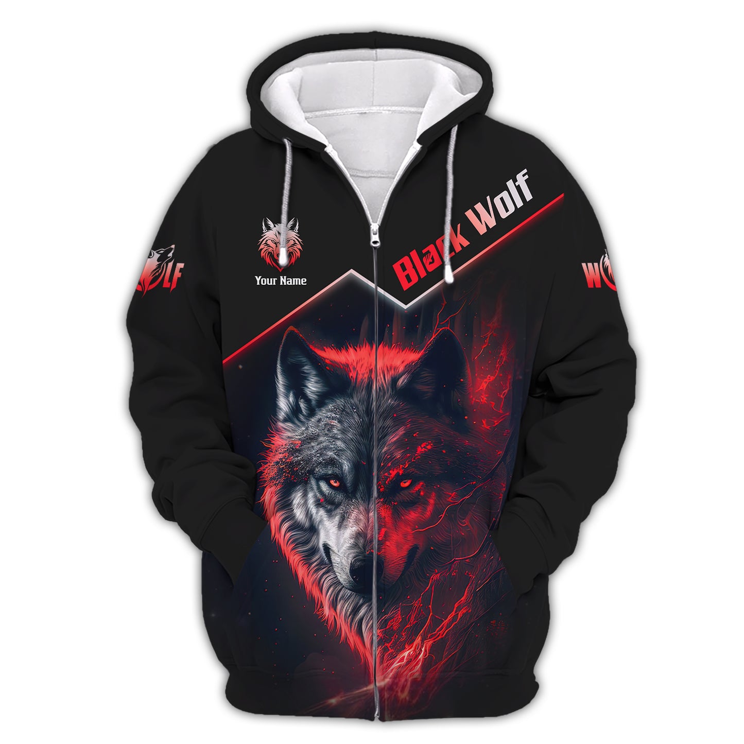 Camiseta personalizada con nombre en 3D de lobo negro con ojos rojos, regalo para amantes de los lobos