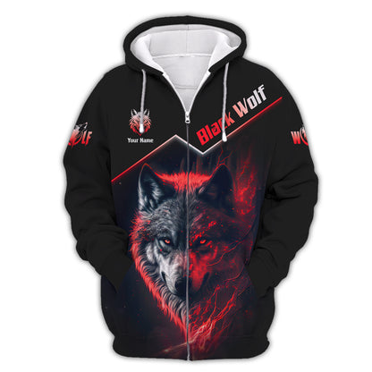 T-shirt 3D personnalisé avec nom de loup noir aux yeux rouges, cadeau pour les amoureux des loups