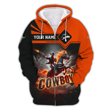 3D Full Print Cowboy T-Shirt Epic Flaming Rider Personalized Name Gift For Cowboy Lovers