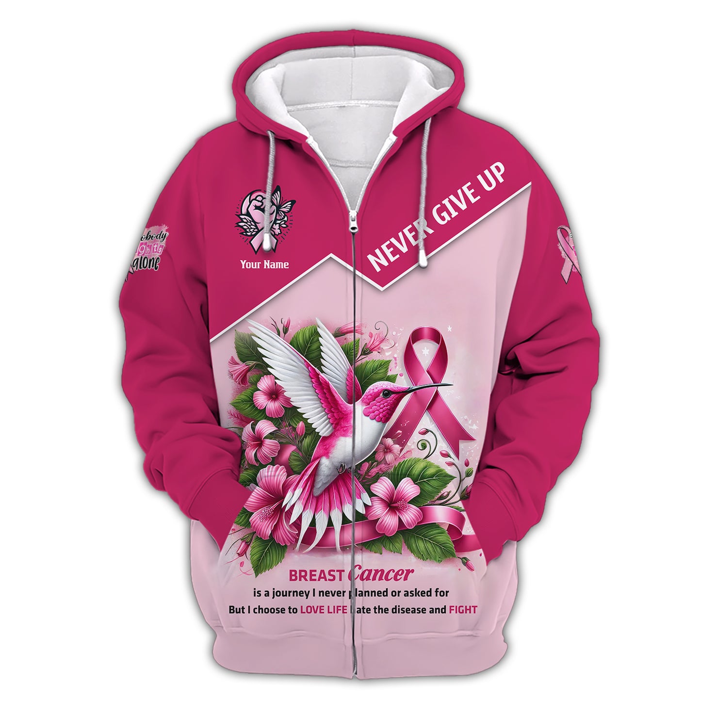 Camiseta con nombre personalizado para concientizar sobre el cáncer de mama con forma de colibrí. Nunca te rindas. Regalo para sobrevivientes de cáncer