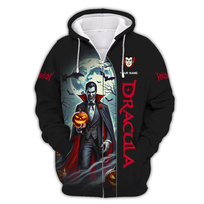 Camisetas con estampado 3D completo de Drácula con calabaza, regalo con nombre personalizado para amantes de Halloween