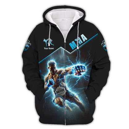 MMA Personalized Name MMA Fighter With Blue Lightning Custom 3D Shirts Gift For MMA Lovers