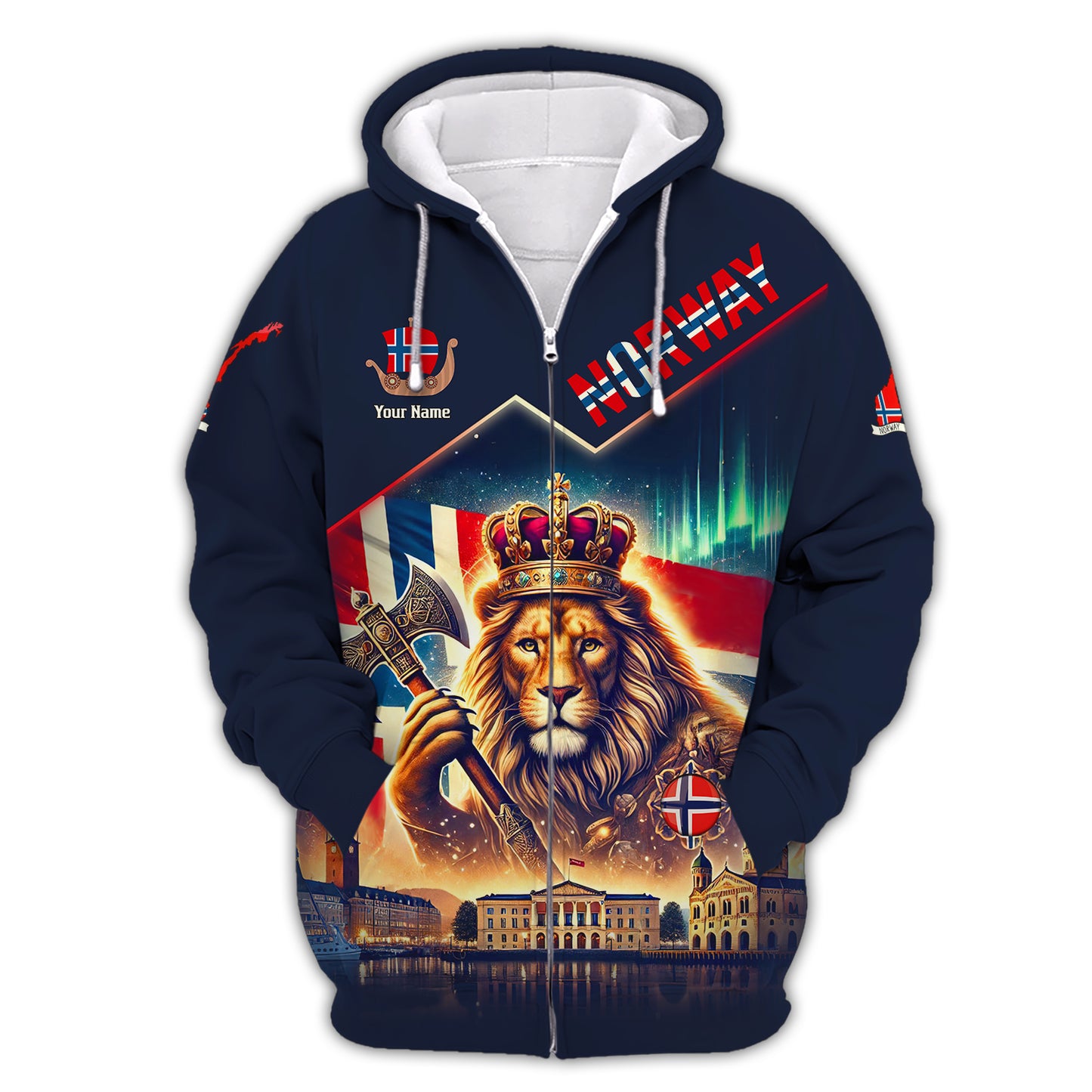 Le Roi Lion avec le drapeau norvégien Nom personnalisé T-shirt 3D Cadeau personnalisé pour les amoureux norvégiens