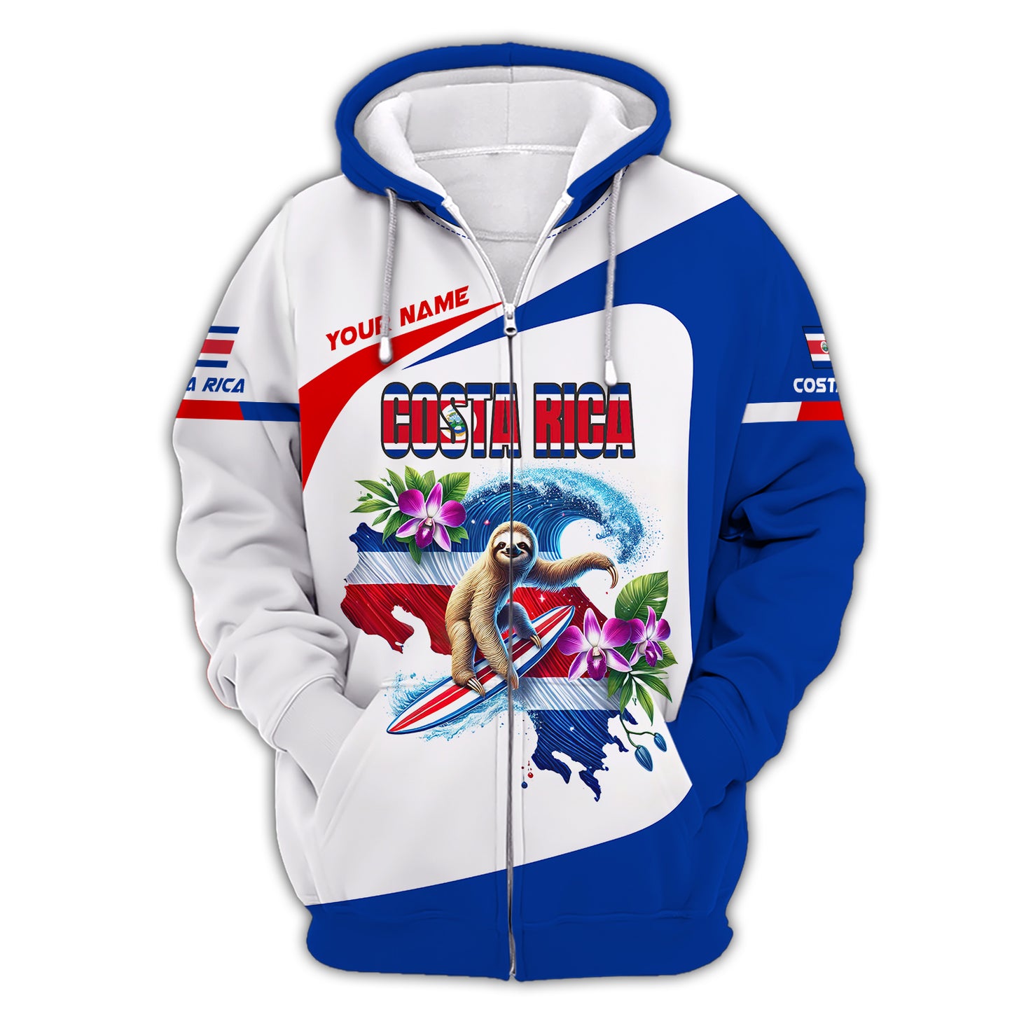 Custom Name 3D T-Shirts Sloth Surfing With Costa Rica Map Shirt Gift For Costa Rica Lovers