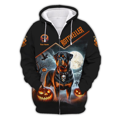 Happy Halloween Custom Name 3D T-Shirts Rottweiler With Pumpkin Halloween Shirt