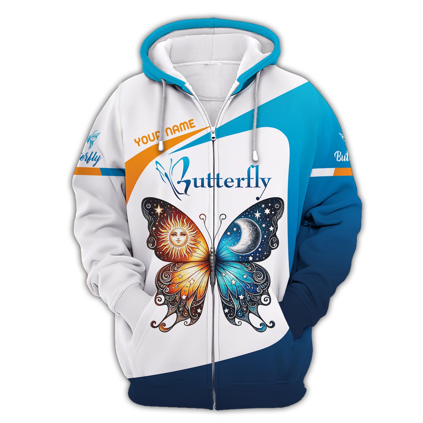 Camiseta con estampado 3D completo de sol y luna combinada en mariposas, regalo con nombre personalizado para amantes de las mariposas