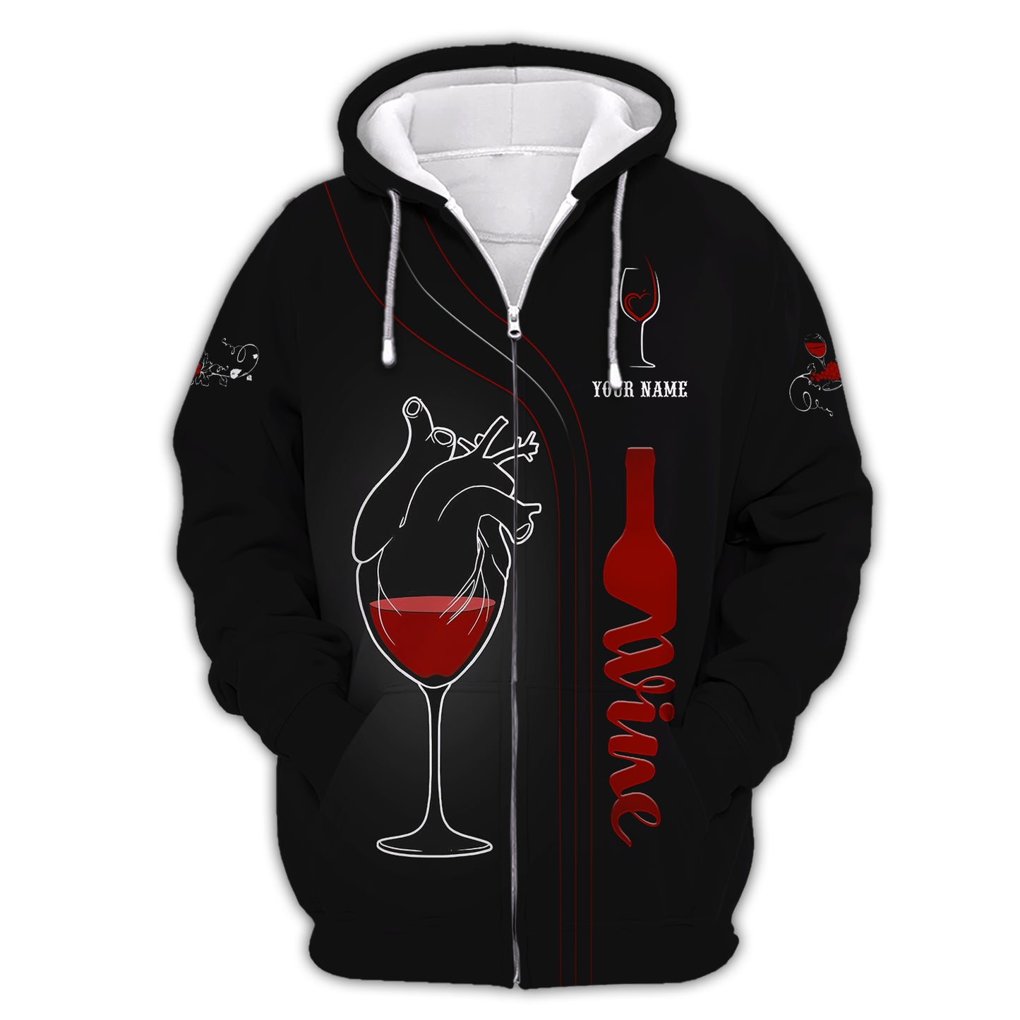 Sudadera con capucha y cremallera con estampado 3D de vino tinto, regalo personalizado con nombre para amantes del vino