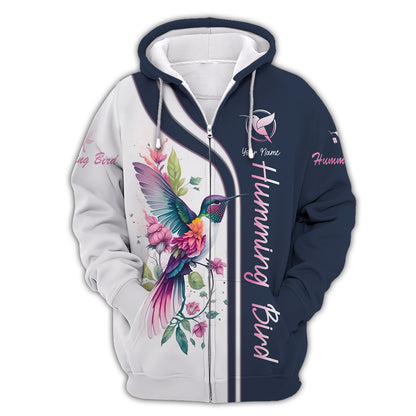 T-shirts 3D Full Print Hummingbird avec fleurs Cadeau personnalisé avec nom pour les amoureux des colibris