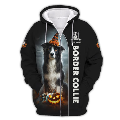 Camiseta personalizada con nombre en 3D de Border Collie. Regalo de feliz Halloween para amantes de los perros