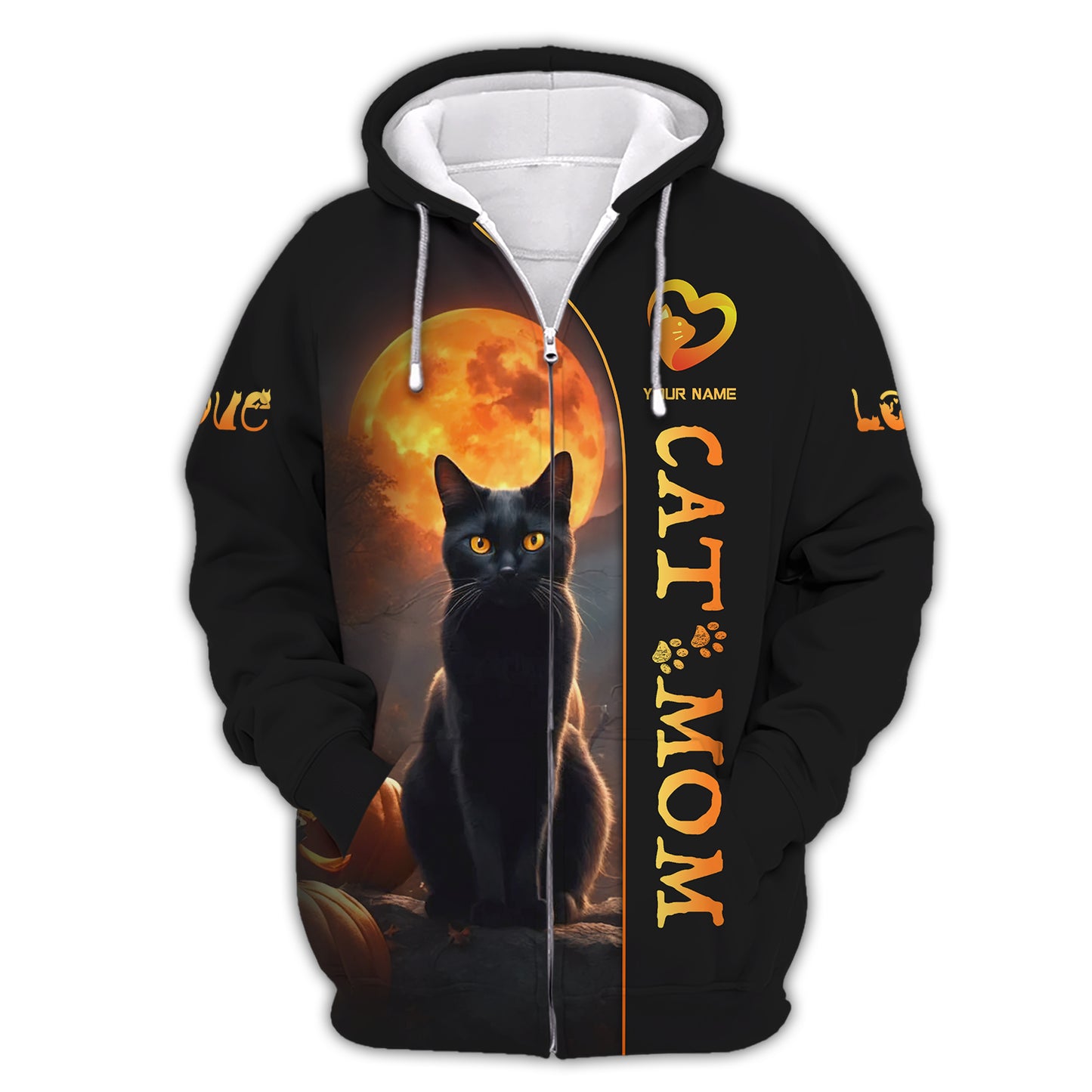 Chat noir avec lune Nom personnalisé Chat Maman T-shirt 3D Cadeau pour les amoureux des chats