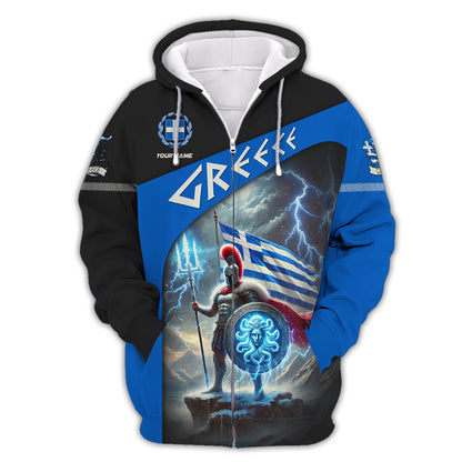 3D Full Print Greek Warrior With Flag And Lightning T-Shirt Personalized Name Gif For Greek Lovers