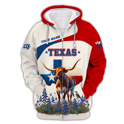 Camiseta personalizada con nombre en 3D de Texas Longhorn y Mockingbird con mapa de Texas, regalo personalizado para amantes de Texas