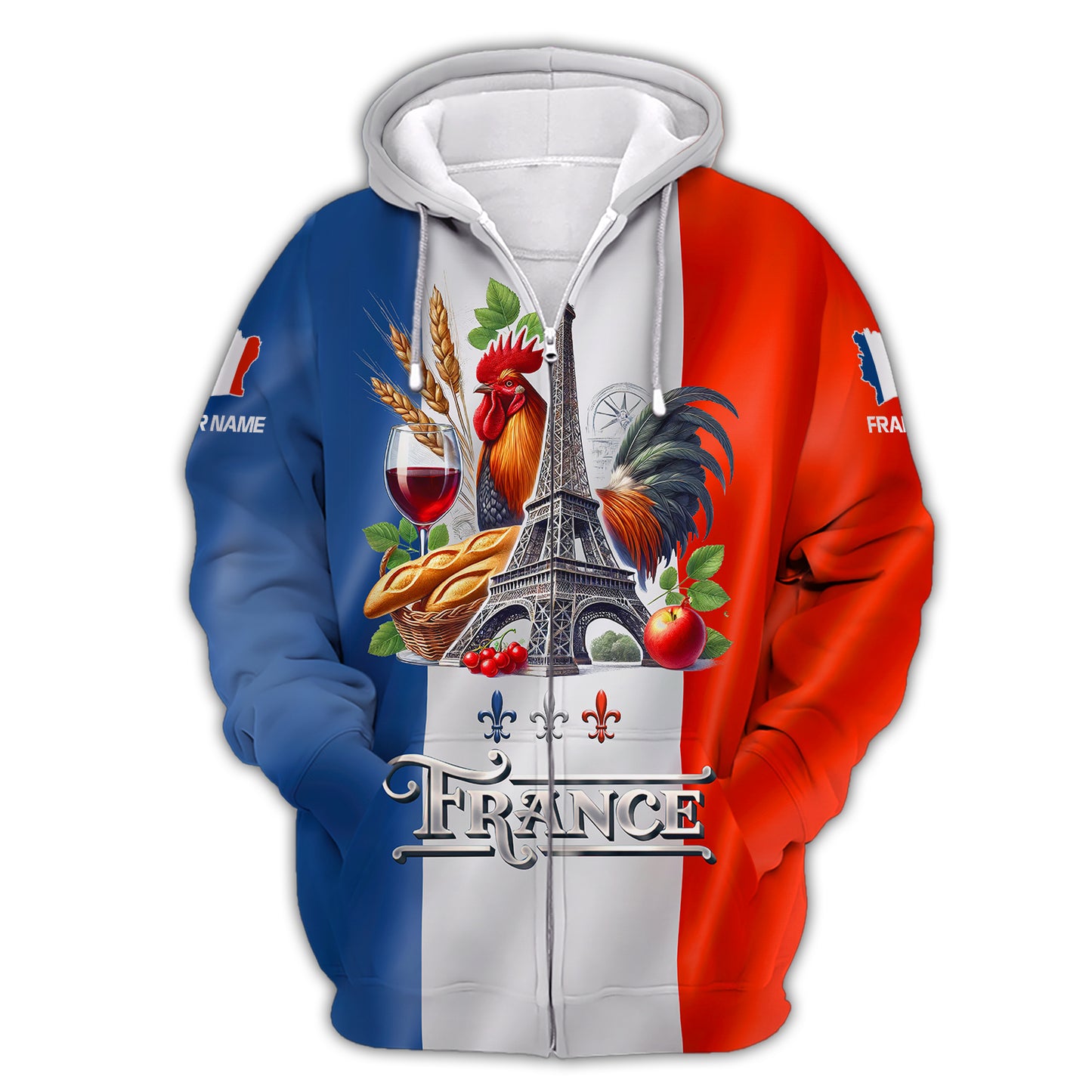 Camiseta con estampado 3D completo de gallo Goliat y Torre Eiffel de Francia, regalo con nombre personalizado para amantes de Francia