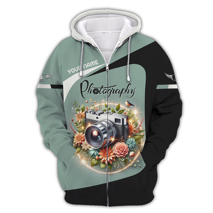 Camisetas con nombre personalizado para fotógrafos, cámara de película con flores, camiseta 3D, regalo para amantes de la fotografía