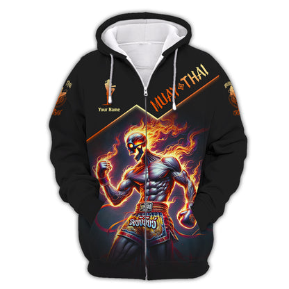 3D Full Print Muay Thai Fighter With Flaming Skull Shirt Personalized Name Gift For Muay Thai Lovers