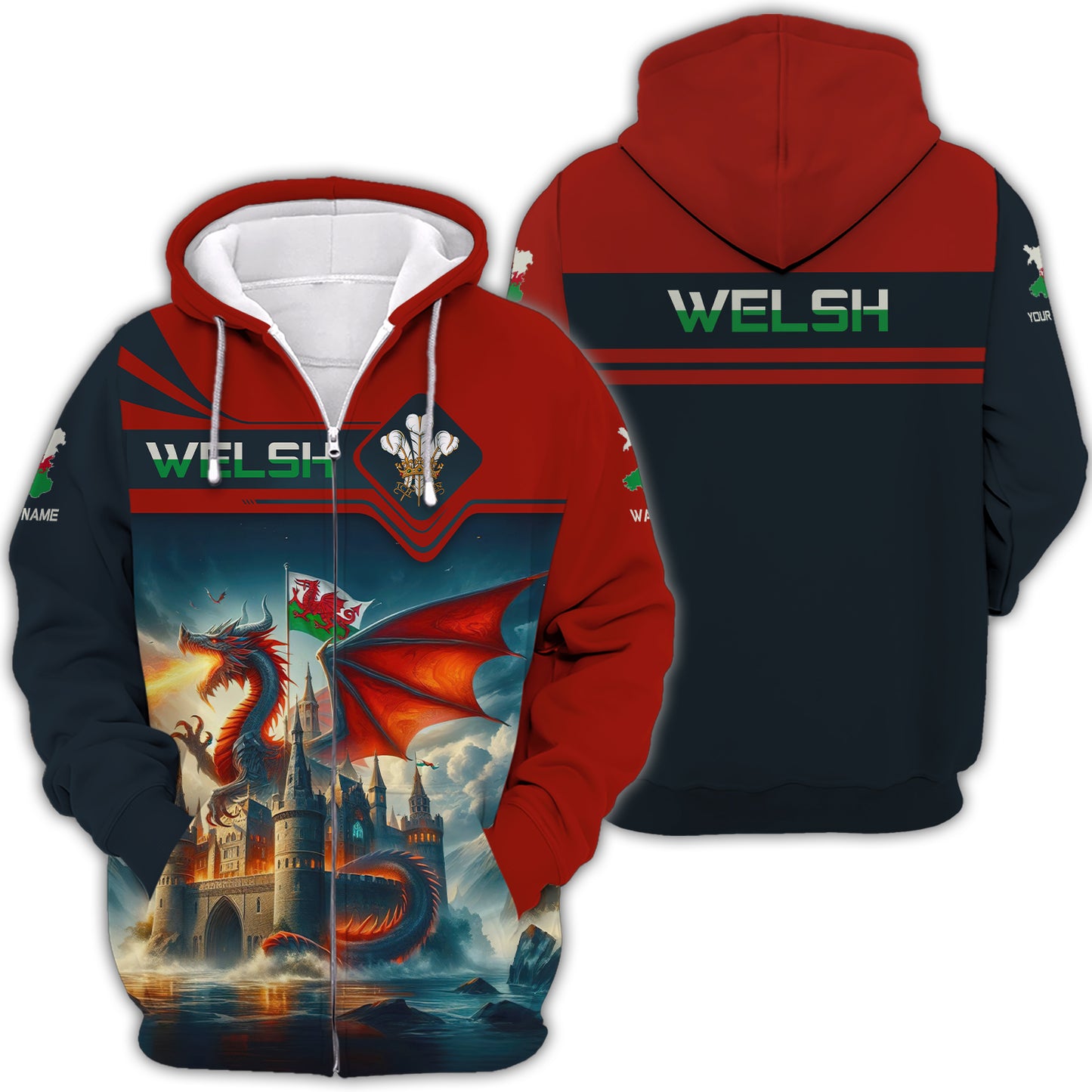 T-shirt imprimé 3D Love Wales Dragon Wales Sweat à capuche zippé Cadeau pour les amoureux du Pays de Galles