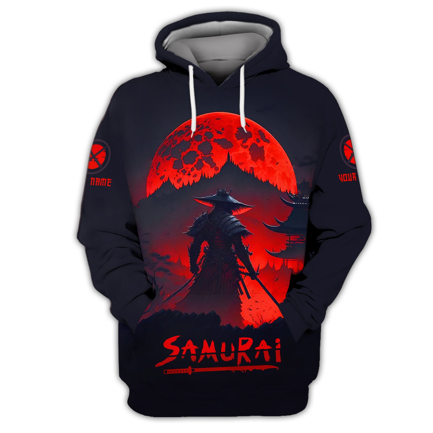 Camisa con estampado 3D completo de guerrero samurái bajo la luz de la luna roja, regalo personalizado con nombre para amantes de los samuráis