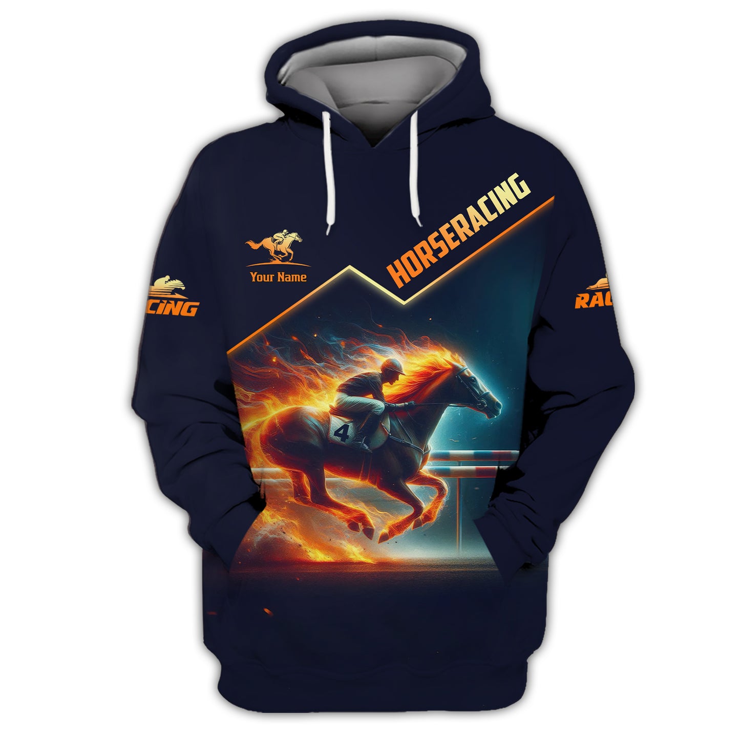 Sudadera con capucha y cremallera con estampado 3D de carreras de caballos en llamas, regalo personalizado con nombre para amantes de las carreras de caballos