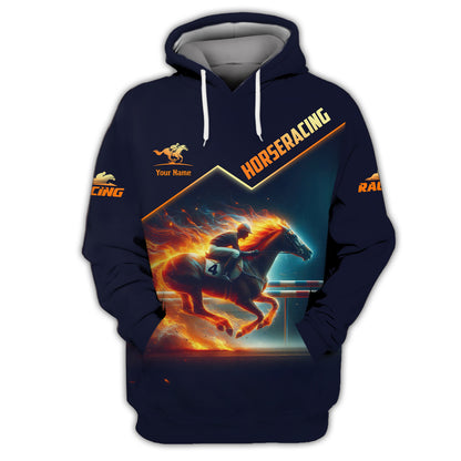 Sweat à capuche zippé avec impression 3D complète et motif de course de chevaux flamboyants, cadeau personnalisé avec nom pour les amateurs de courses de chevaux