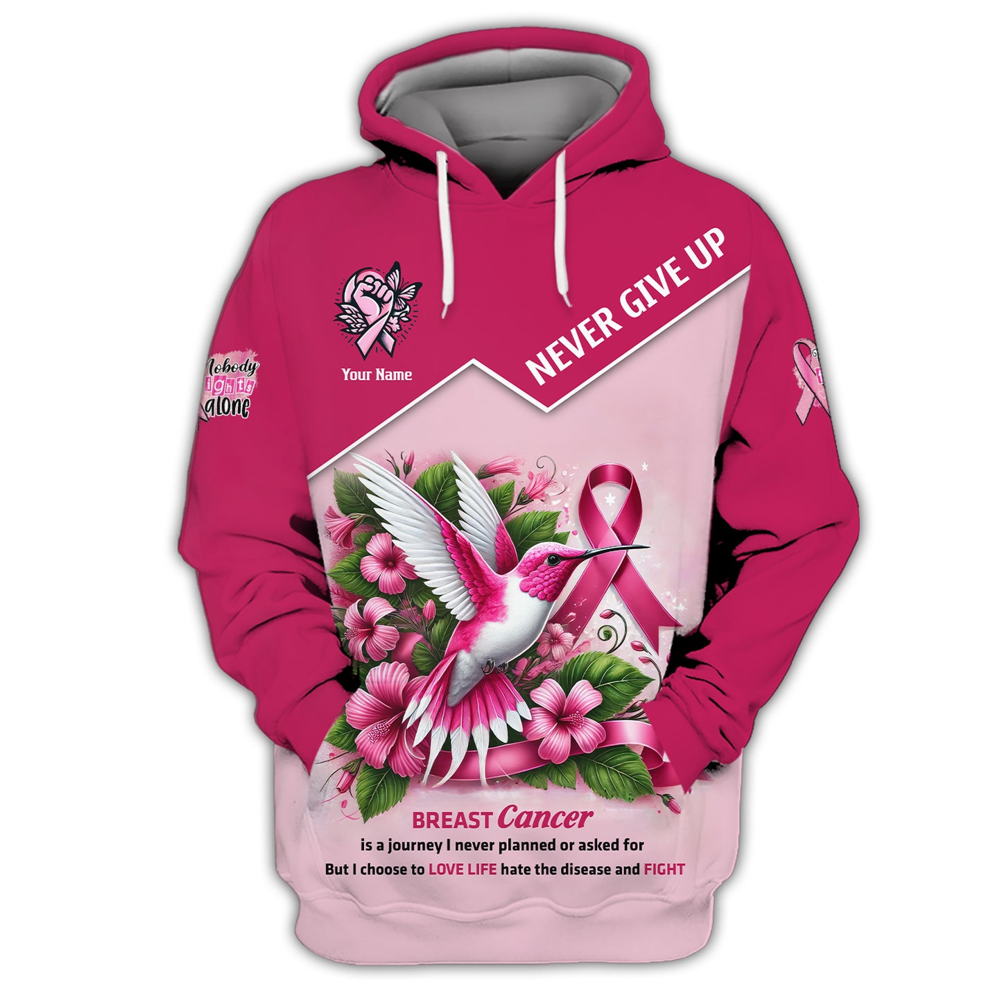 Camiseta con nombre personalizado para concientizar sobre el cáncer de mama con forma de colibrí. Nunca te rindas. Regalo para sobrevivientes de cáncer