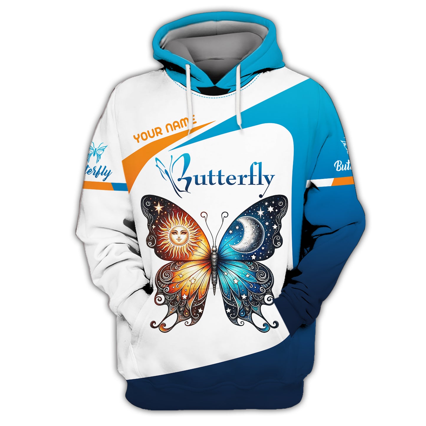 Sudadera con capucha con cremallera y estampado 3D completo de sol y luna combinada en mariposa, regalo con nombre personalizado para amantes de las mariposas