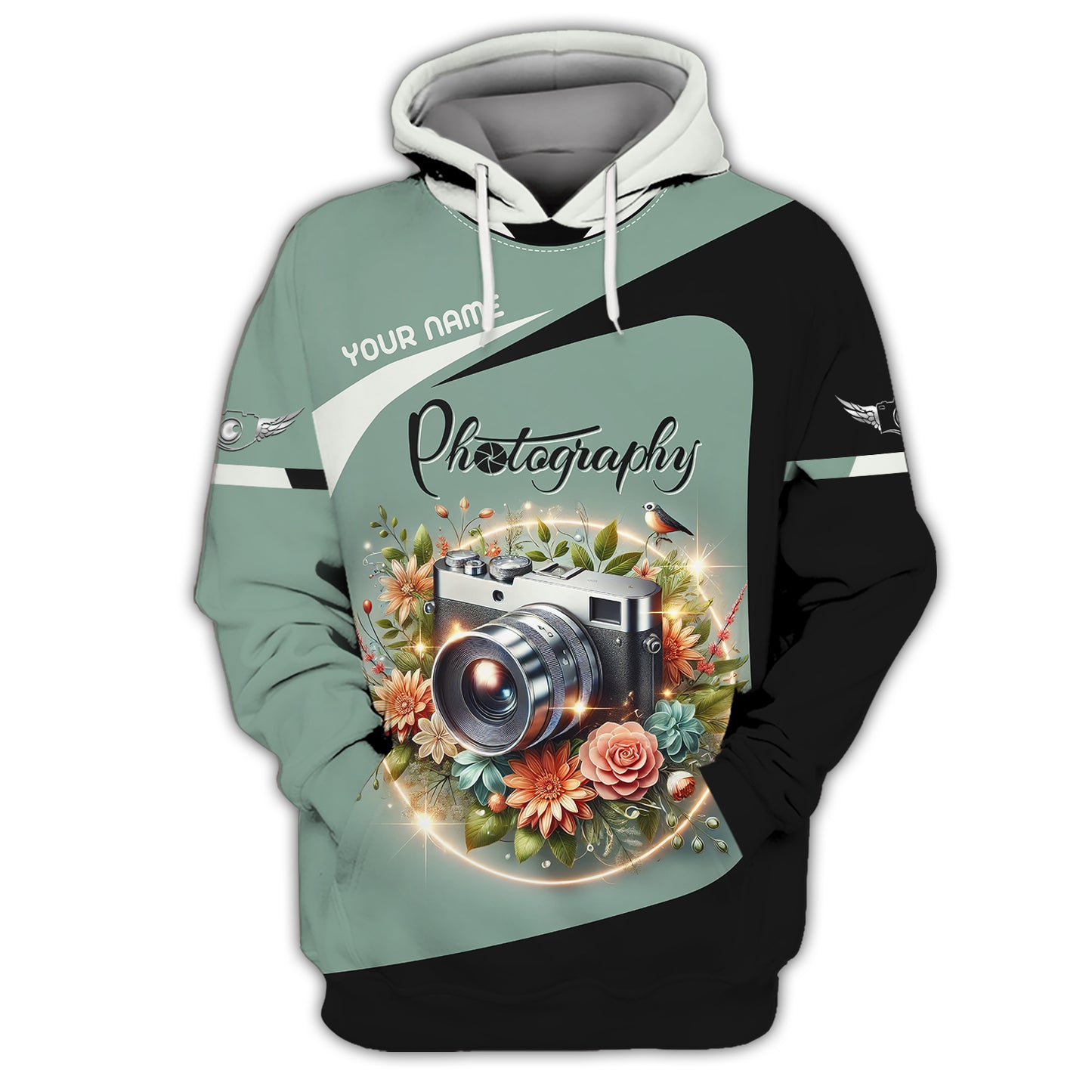 T-shirt personnalisé avec nom de photographe, appareil photo argentique avec fleurs, cadeau 3D pour les amoureux des photographes