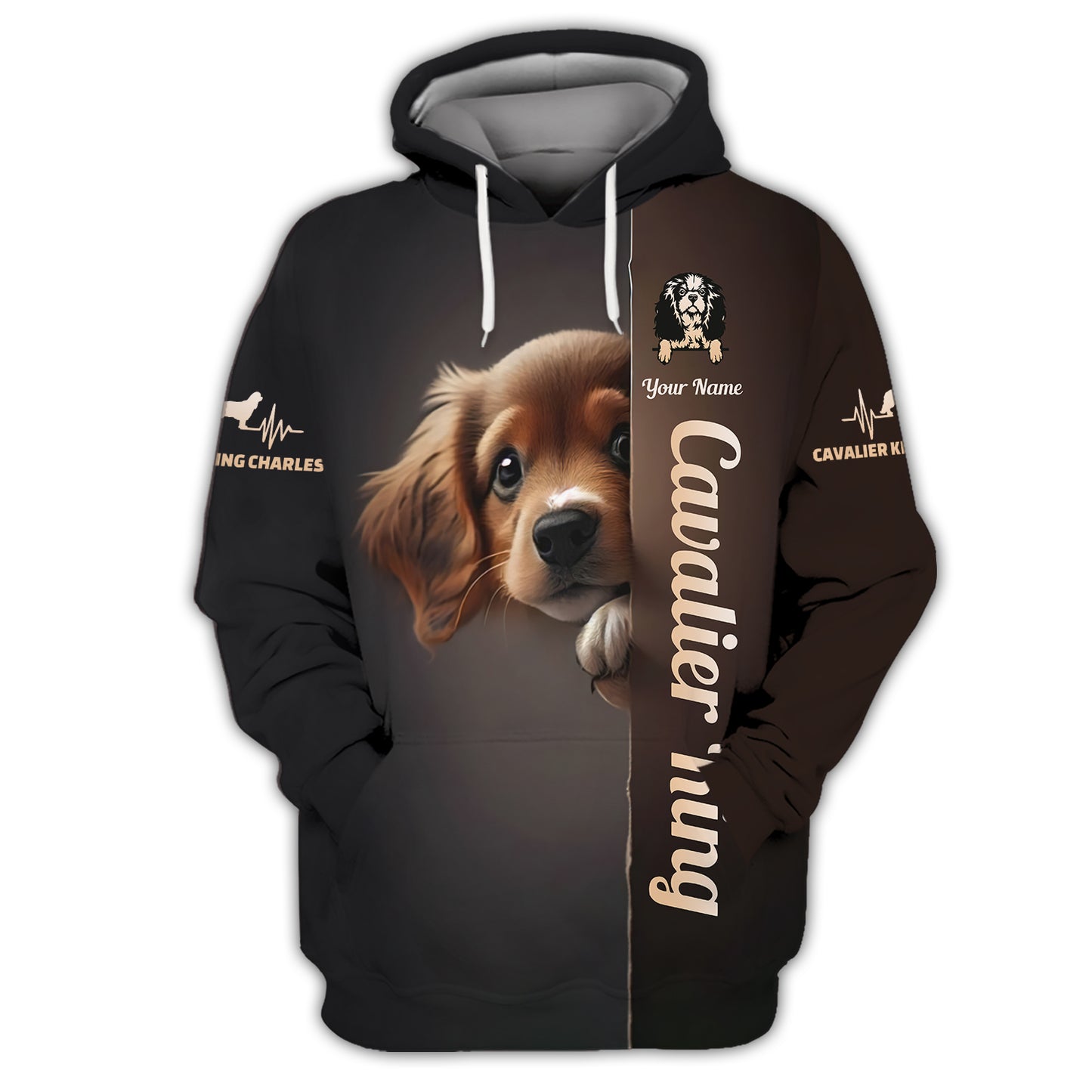 Sudadera con capucha y cremallera con estampado 3D completo de Cavalier King Charles Spaniel, regalo personalizado con nombre para amantes de los perros