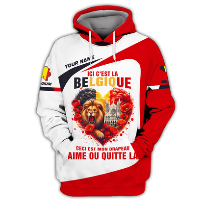 Sweat à capuche zippé en forme de cœur belge avec impression 3D complète, cadeau personnalisé avec nom pour les amoureux belges