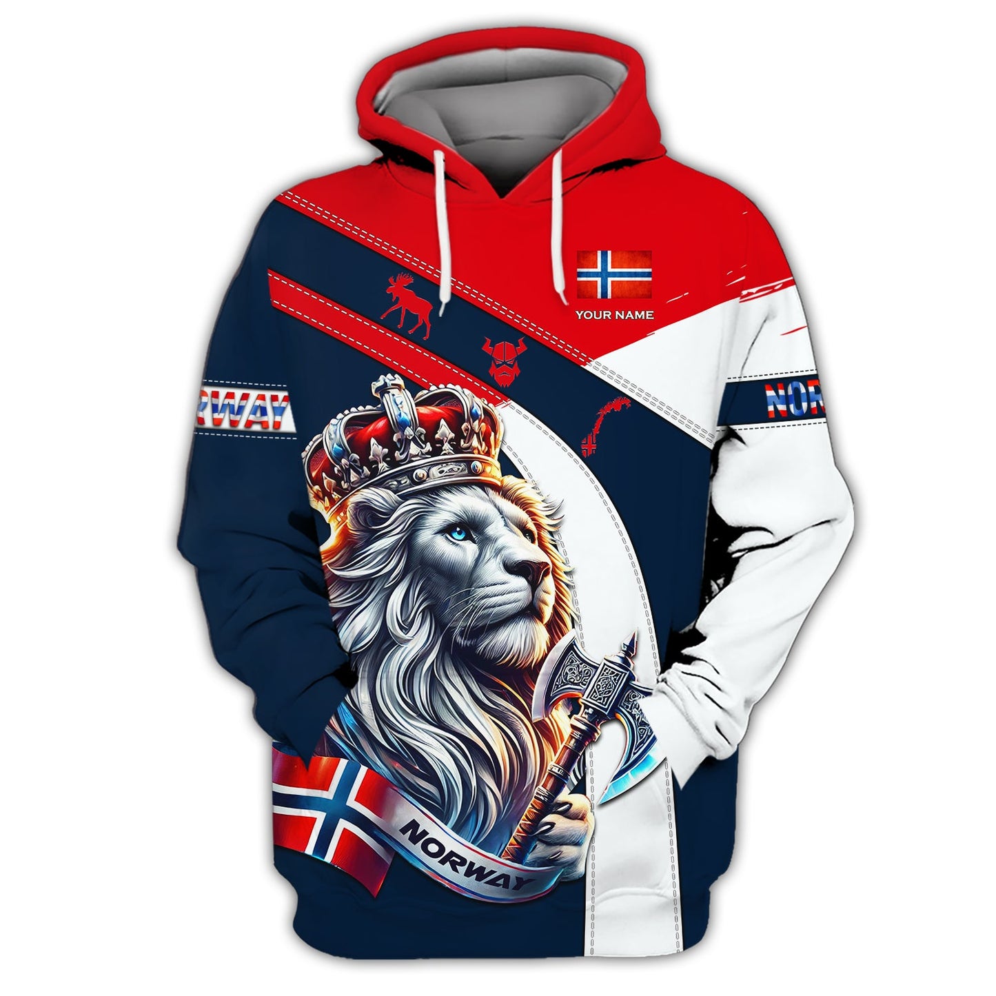 Sudadera con capucha y cremallera con hacha del Rey León de Noruega con impresión 3D completa, regalo con nombre personalizado para amantes noruegos