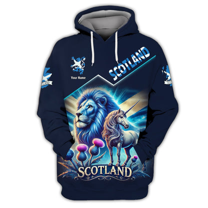 Camiseta personalizada con nombre en 3D de El león con unicornio de Escocia, regalo personalizado para amantes de Escocia