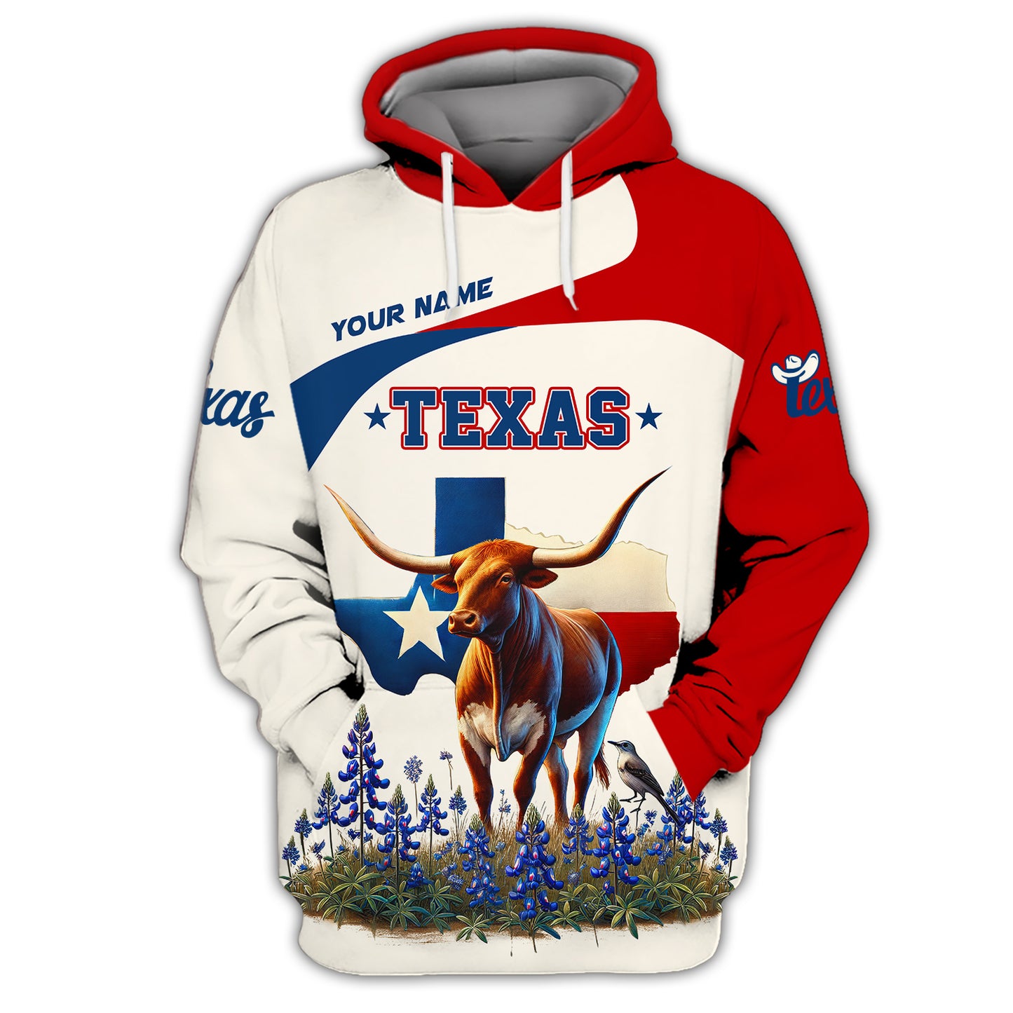 Texas Longhorn And Mockingbird With Texas Map Personalized Name 3D Shirt Custom Gift For Texan Lovers