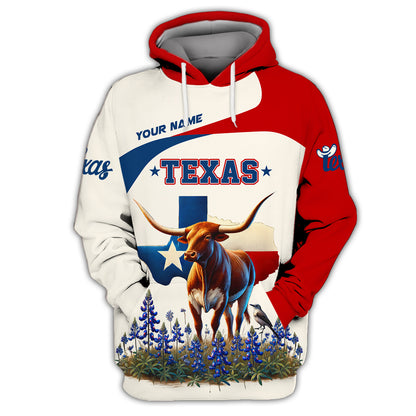 Camiseta personalizada con nombre en 3D de Texas Longhorn y Mockingbird con mapa de Texas, regalo personalizado para amantes de Texas