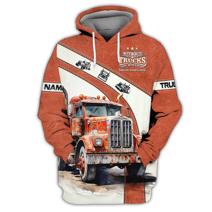 White & Red Truck Car Personalized Name 3D Zipper Hoodie Custom Gift For Trucker Lovers