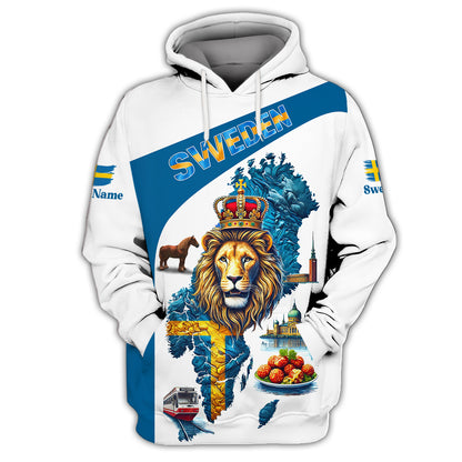 Sudadera con capucha y cremallera con mapa de Suecia e impresión completa en 3D de El Rey León, regalo con nombre personalizado para amantes suecos