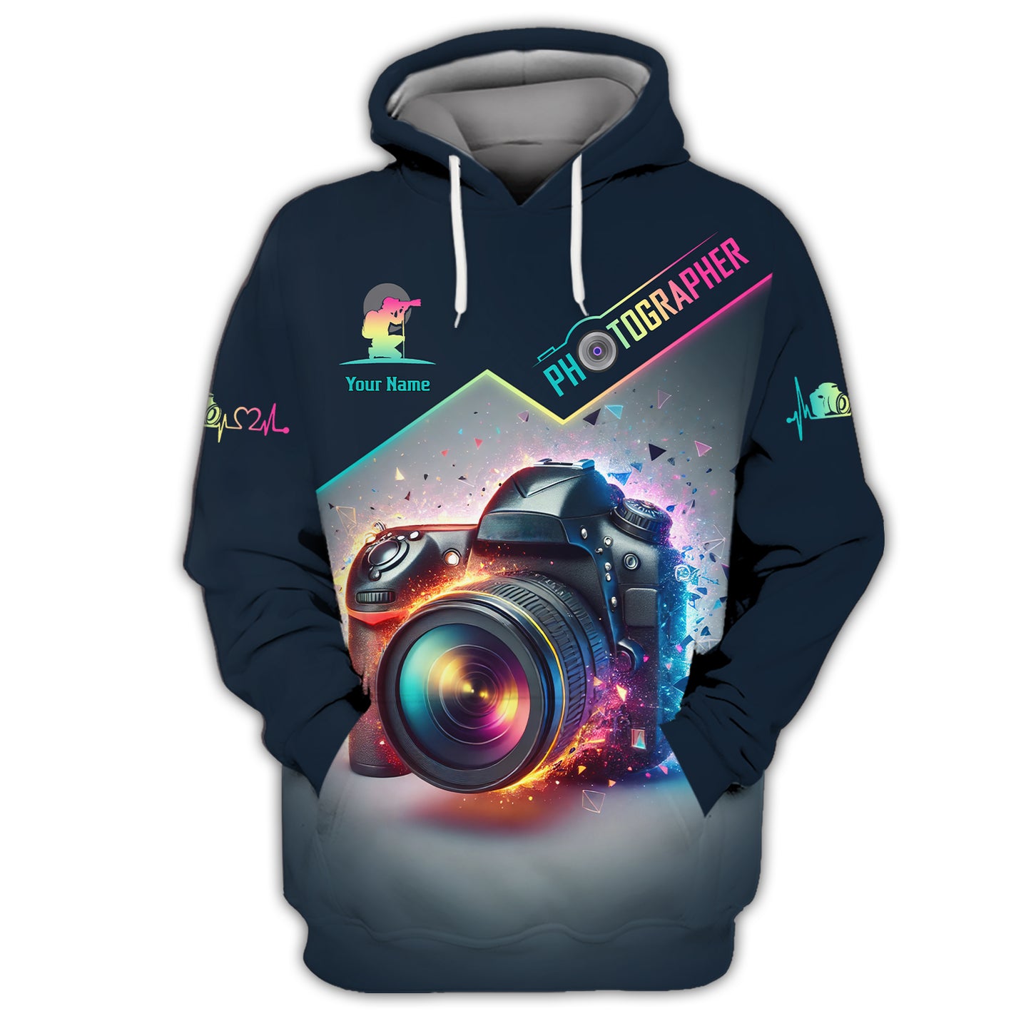 Sudadera con capucha y cremallera con estampado 3D completo y colorido para cámara, regalo personalizado con nombre para amantes de la fotografía