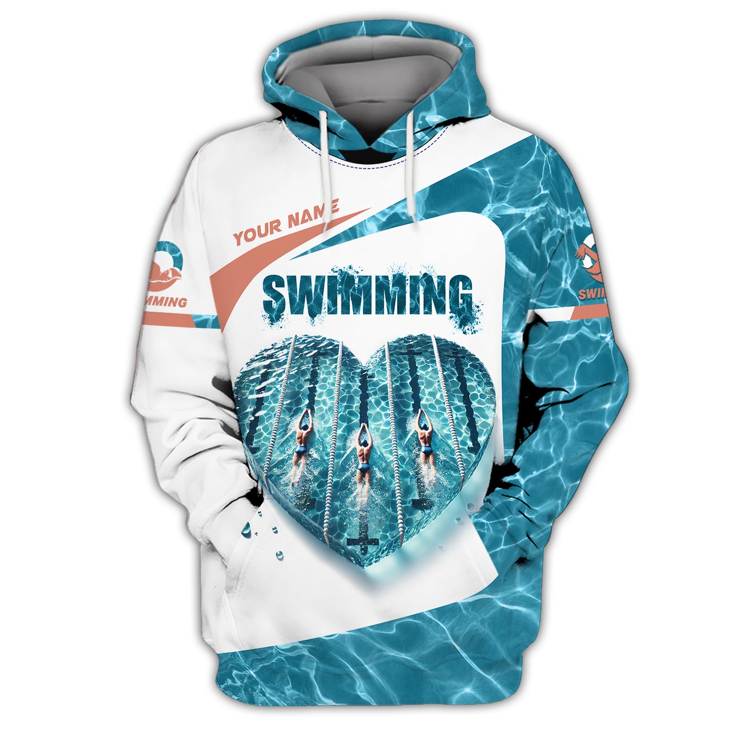 3D Full Print Swimming Heart T-Shirts Personalized Name Gift For Swimming Lovers